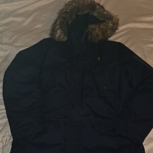 Boy's Navy Blue Fur Hooded Jacket